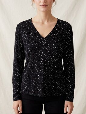 Reitmans Black Polka Dot V-Neck Top – Size M | Flirty Fit | Soft Stretch |